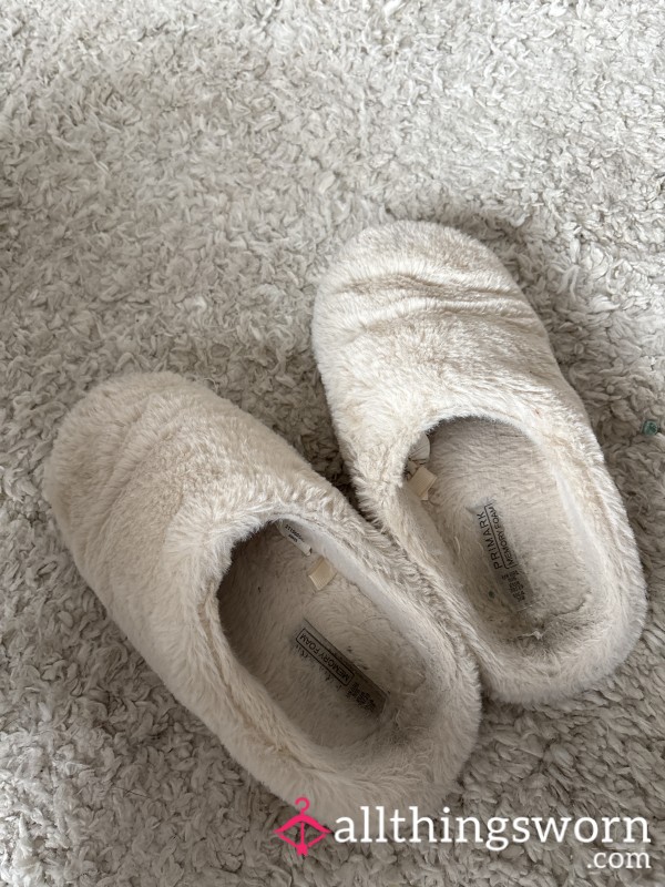Worn In Dirty Fluffy White Slippers