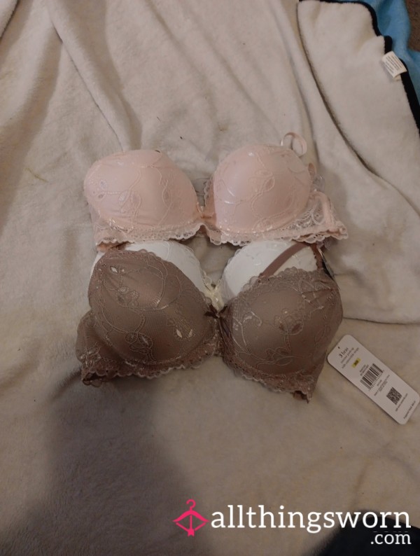 Worn Lace Bra Duo – Pink & Mocha Lingerie, Lightly Used & Laced With Scent (Size 36B)