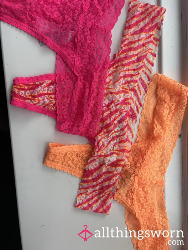 Worn Lace Thong Trio – Hot Pink, Neon Orange & Wild Zebra Print – Soft, Sheer & Seductively UseD