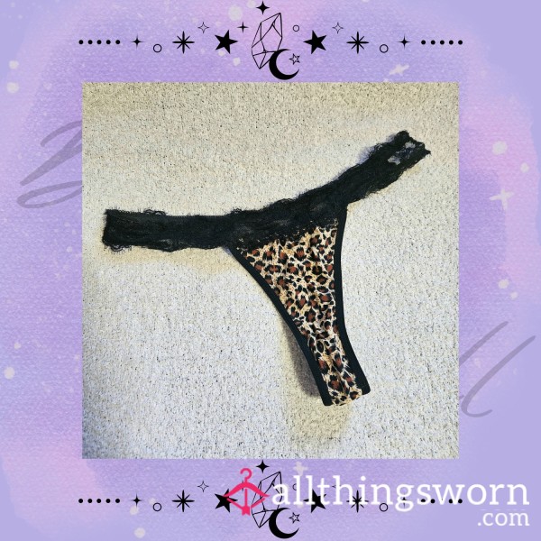 💖 Worn Leopard Print & Black Lace Thong 💖