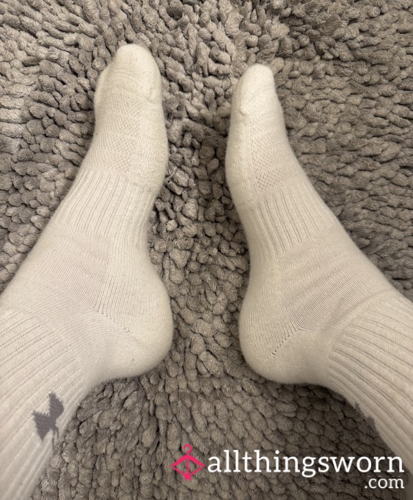 Worn Long White Under Armor Socks