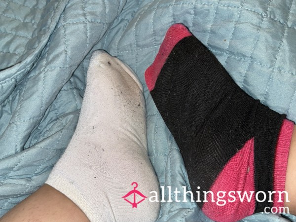 Worn Mismatched Socks – Black With Pink & White – Stinky, All-Day Wear + Polaroid