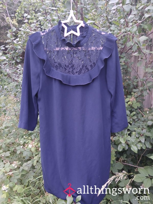 Worn Navy Mini Dress With Lace, Office Dress, Size 10