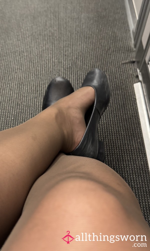 ✨ Worn, Flight Attendant, Nearly Black 10 Denier Tights, Soft, Sheer & Beautifully Used ✨