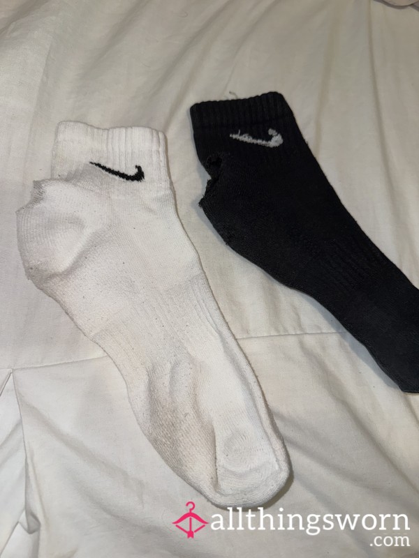 Worn Nike Socks Odd Pair, White & Black Holes, 48h Wear
