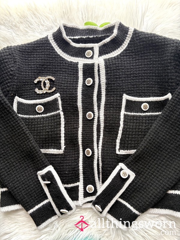 Worn Office Wear Waffle Knit Cropped Cardigan W/ A Pinned Chanel Brooch (S)