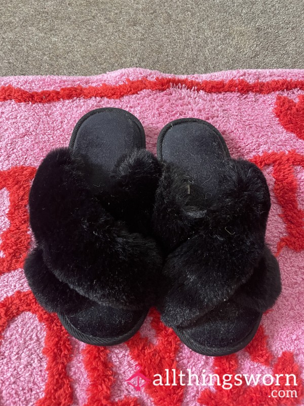 Worn Old Black Fluffy Slippers