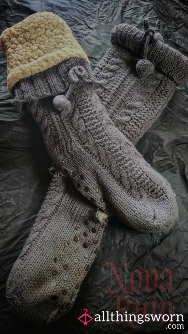 Worn-Out Winter Warmers – Nova’s Dirty Knit Slipper Socks 🖤