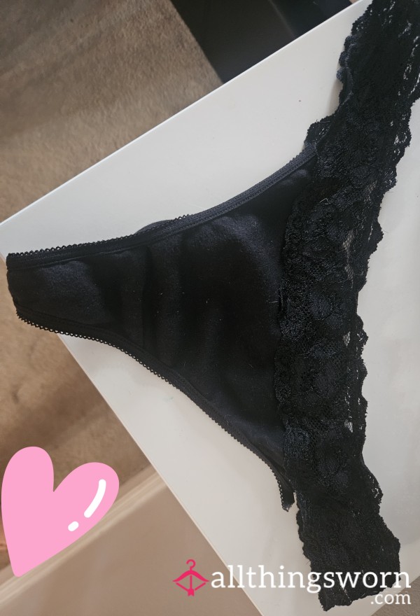 Worn Overnight Black Cotton & Lace Thongs