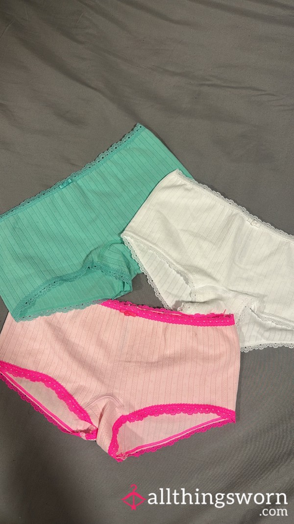 Worn Pastel Boyshorts Panties🔥 Flirty Teal, Innocent White, & Sa**y Pink 😉