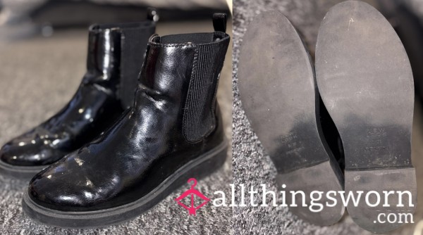 Worn Patent Chelsea Boots