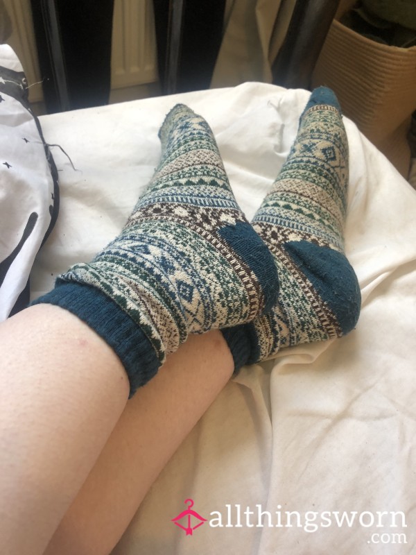 Worn Patterned Blue Socks (Size 5 UK Feet) - Wear For 24 Hours Up To 168 Hours