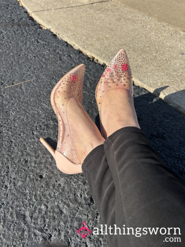 Worn Pink Bejewelled Clear Work Heels 👠