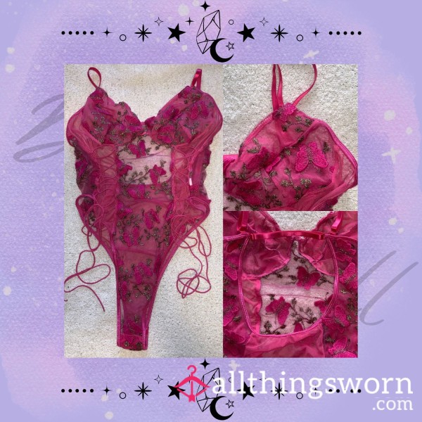 💖 Worn Pink Flower Embroidered Lingerie 💖