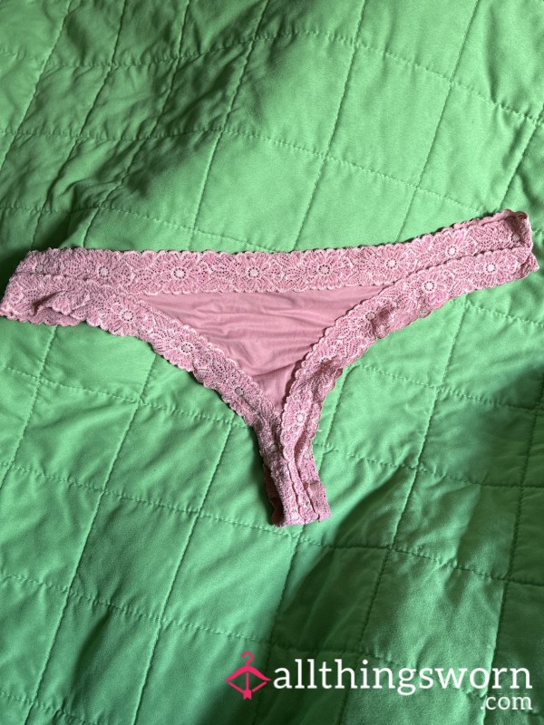 Worn Pink Lace Trim Thong & Pic
