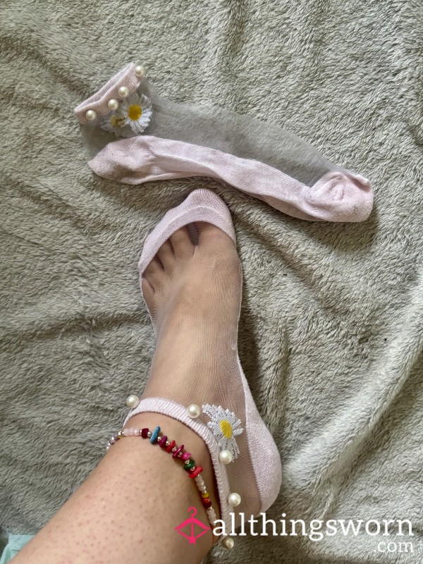 💖 WORN PINK NYLON SOCKS WITH PEARL ANKLES — Sweet & Sinful 💖