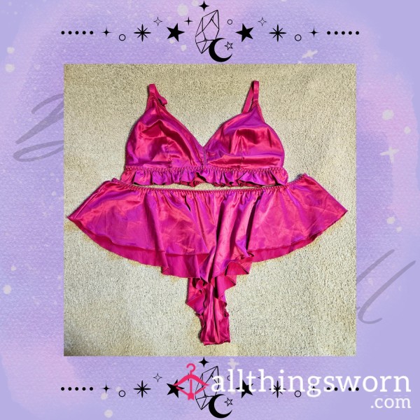 💖 Worn Pink Satin Bralette & Shorts Set – Sweet & Seductive 💖