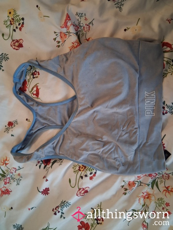Worn PINK Sports Bra – Soft Blue, Snug Fit & My Everyday Favorite