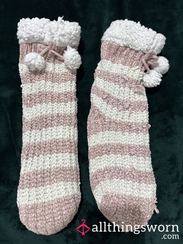 Worn Pink & White Striped Fluffy Slipper Socks