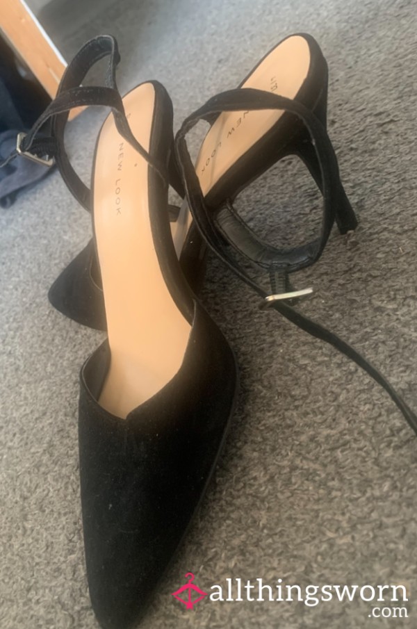 Worn, Pointed Toe Black Suede Heeled Shoes With Open Back. UK Size (4)