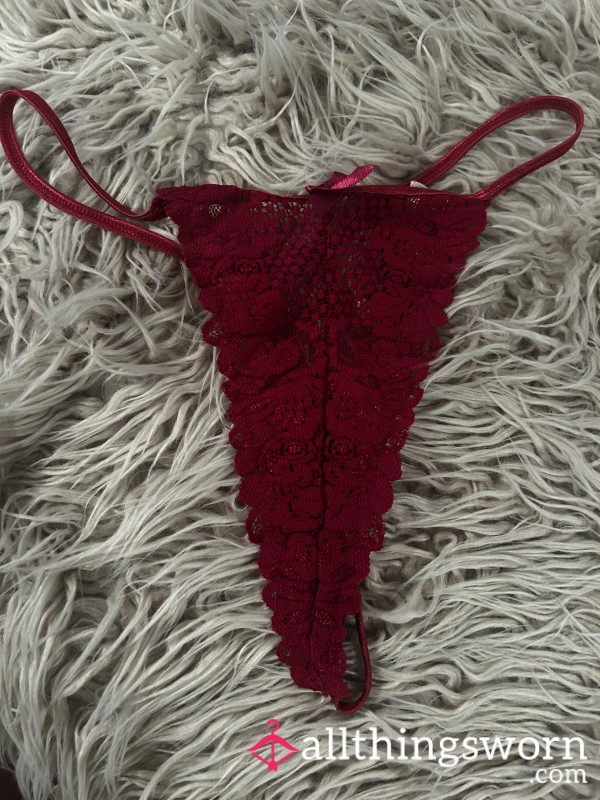 Used  Pretty Red Lace Thong, Perfume Smelling