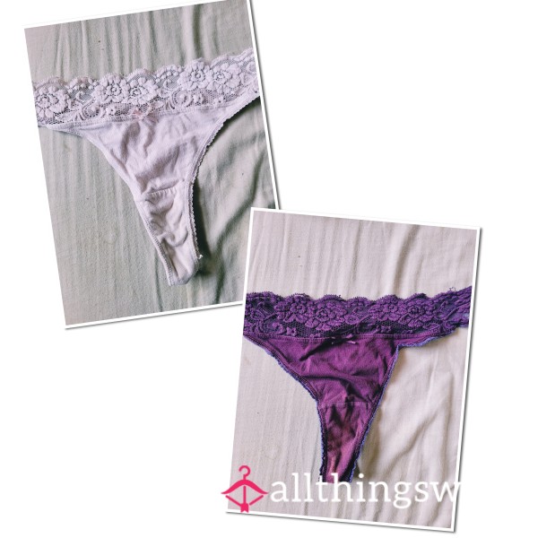 Worn Purple Or White Cotton Thong With Lace Trim Top