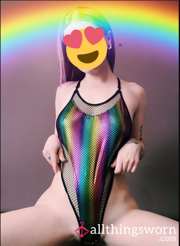 🌈 Worn Rainbow Fishnet Bodysuit – One Of A Kind & Unforgettable 🌈