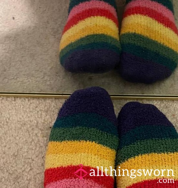 Worn Rainbow Fluffy Socks – Cozy, Colorful & Scented