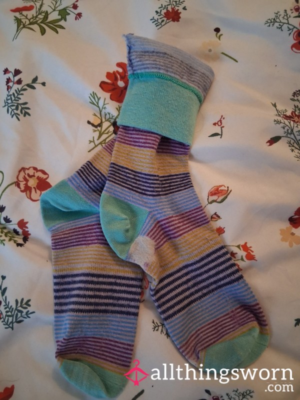 Worn Rainbow Striped Socks 🌈 Cute, Cozy & Perfectly Used 💕