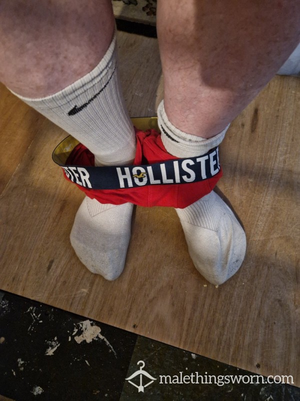 Worn Red Boxer + White Socks.