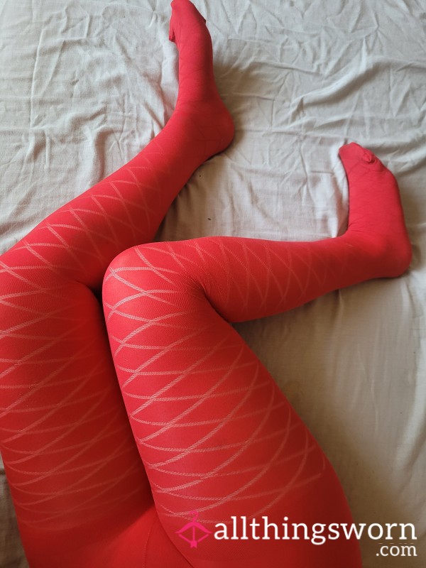 Worn Red Patterened Opaque Tights