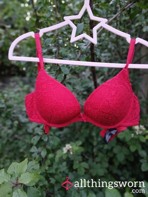 Worn Red Lace Push Up Bra 36C
