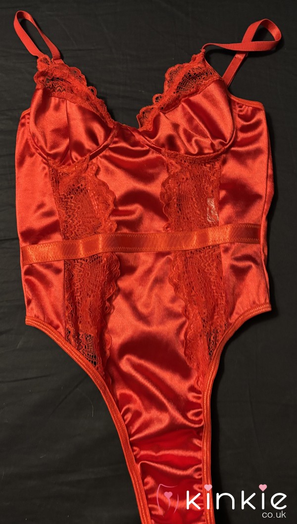 Worn Red Satin & Lace Bodysuit