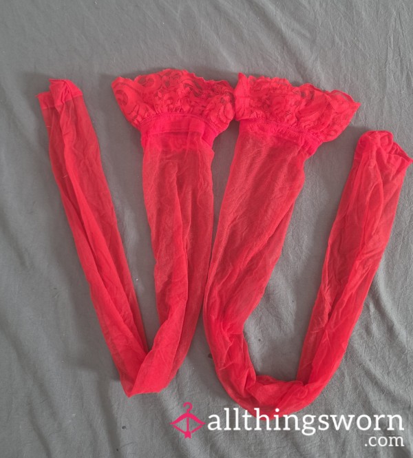 Worn Red Sheer Stay-Up Stockings
