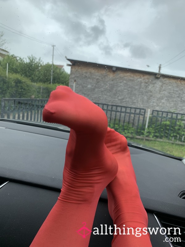 Worn Red Thigh-High Stockings  Stay-Up