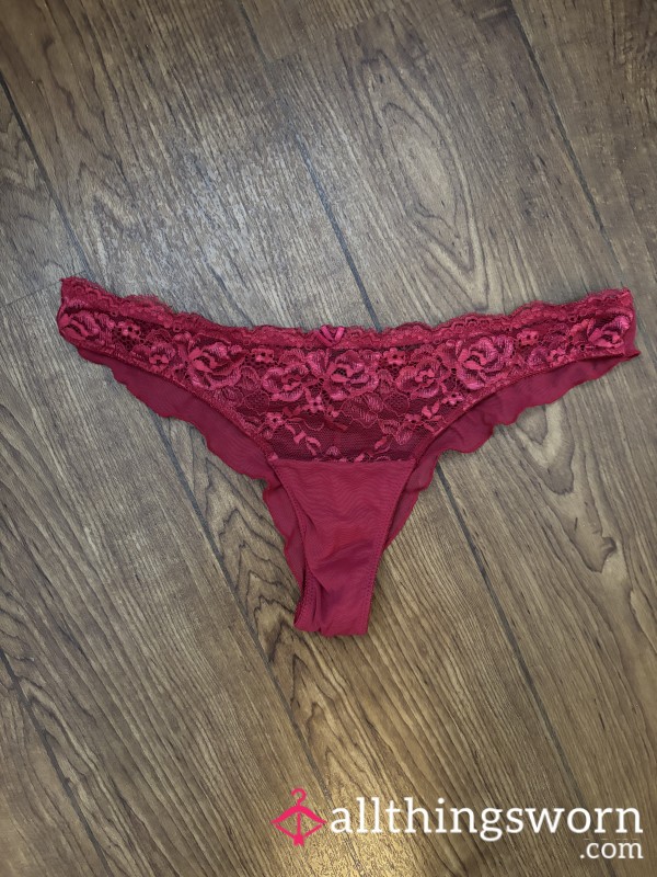 Worn Red/pink Lace And Mesh Full Back Panties