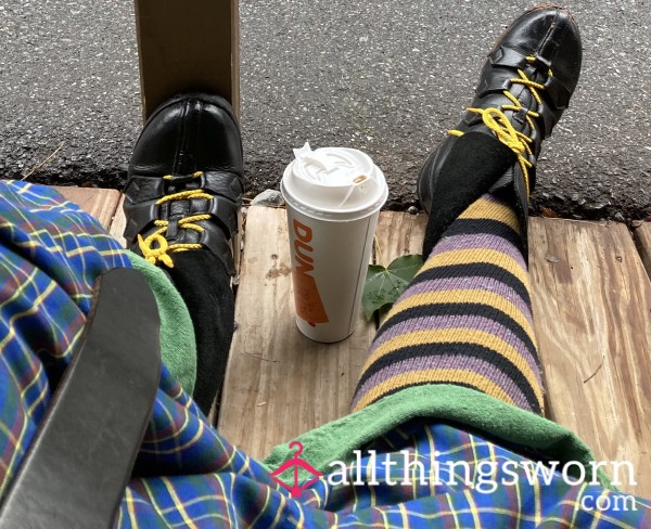 Worn Renaissance Faire Socks.  Striped Knee High Socks