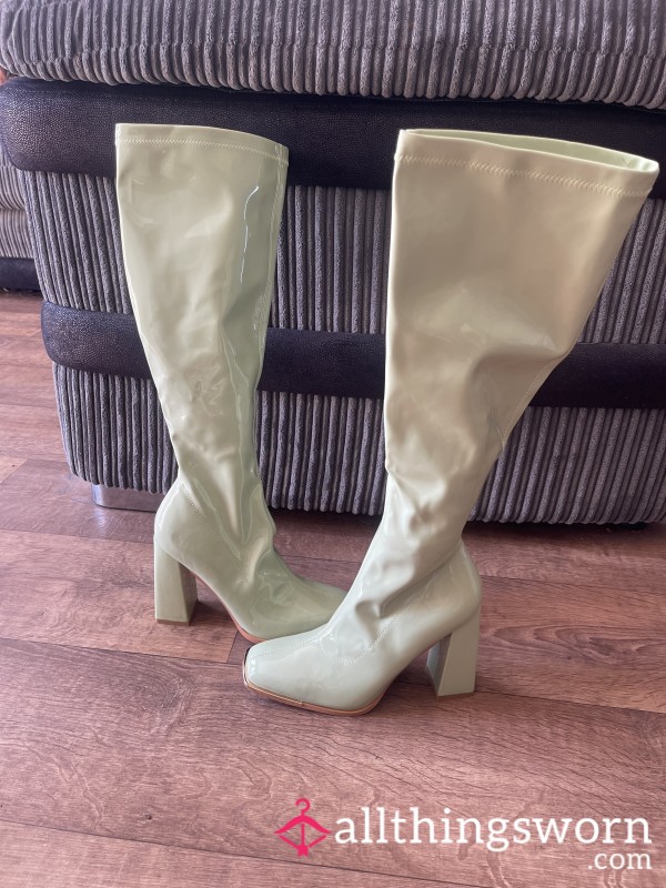 Worn Sage Green, Patent Leather Boots / Size 7 UK / Square Heel Pointed Toe