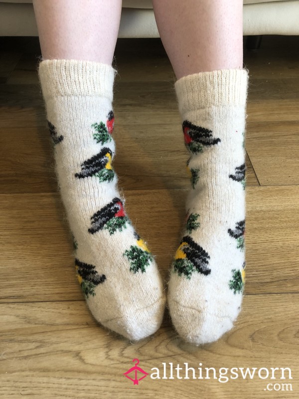 Worn Scratchy Cream Thick Knitted Socks With Colourful Bird Pattern (Size 5 UK Feet) - Wear For 24 Hours Up To 168 Hours