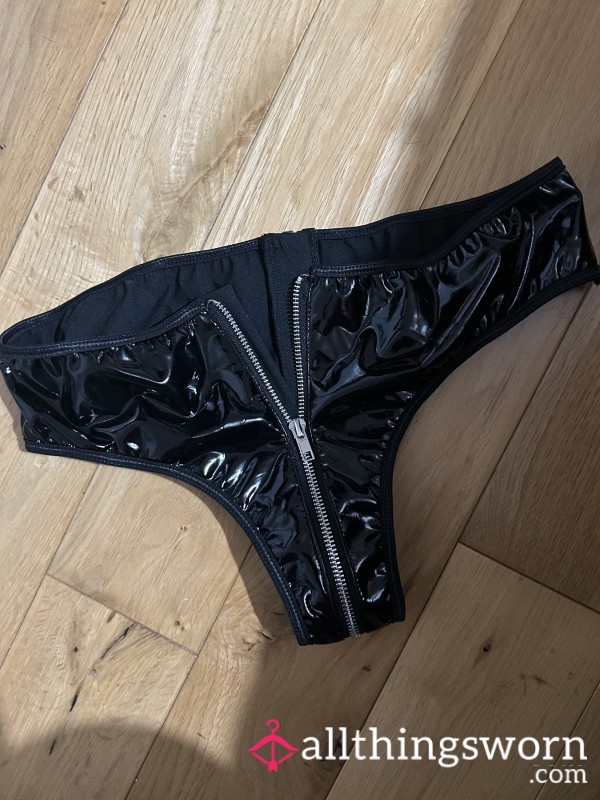 Worn S**y Black Pvc Knickers Zip Going Down Front And Back
