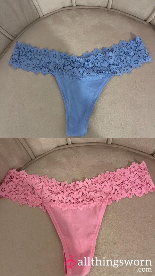 Worn S**y Blue And Pink G String Panties