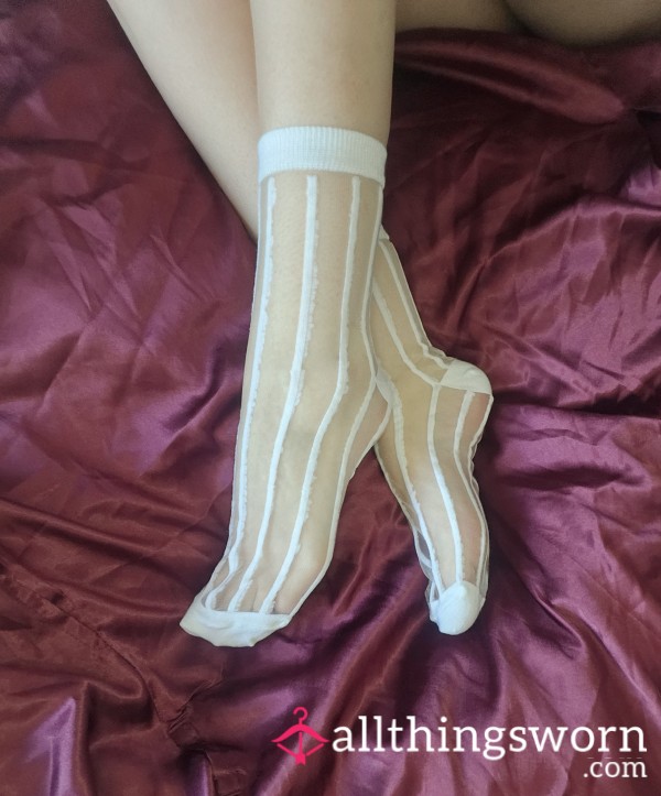 Worn Sheer White Striped Socks - UK Buyers Only