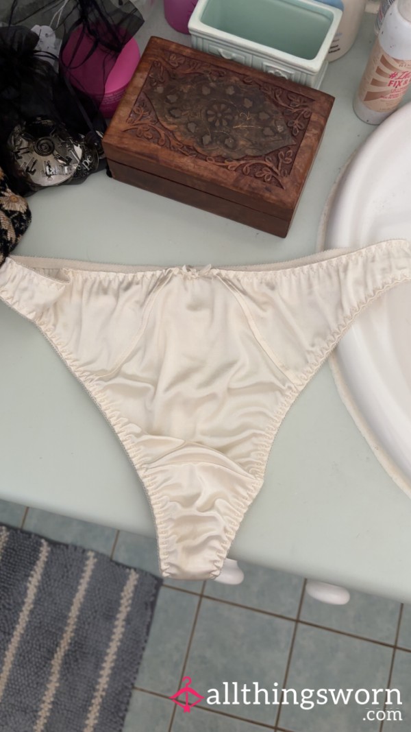 WORN Silky White Target Thong. Size 16