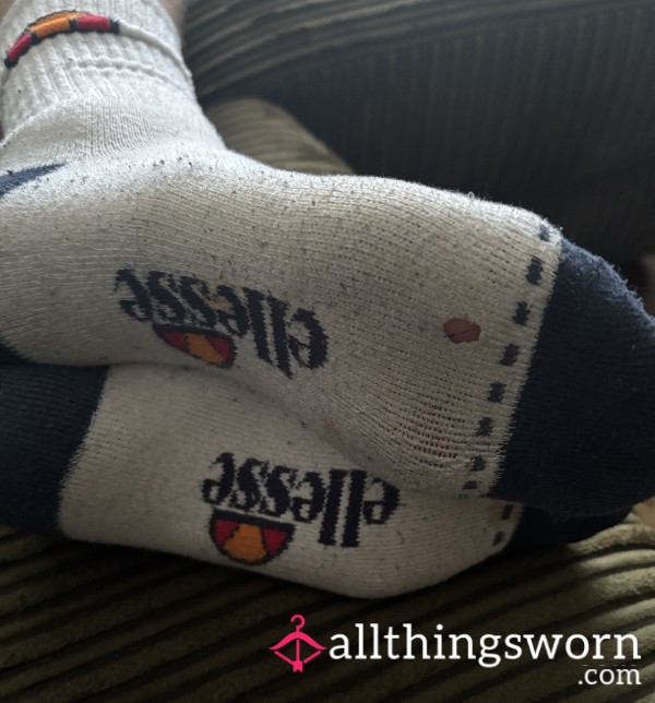 Worn Smelly Ellesse White Sports Socks With Hole