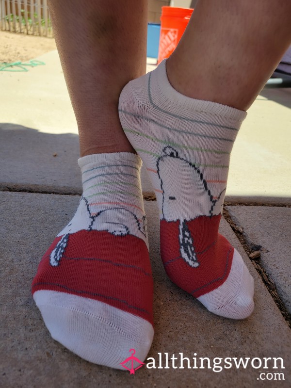Worn Snoopy Socks- Creamy, Cozy, And Naughty With Rainbow Flair