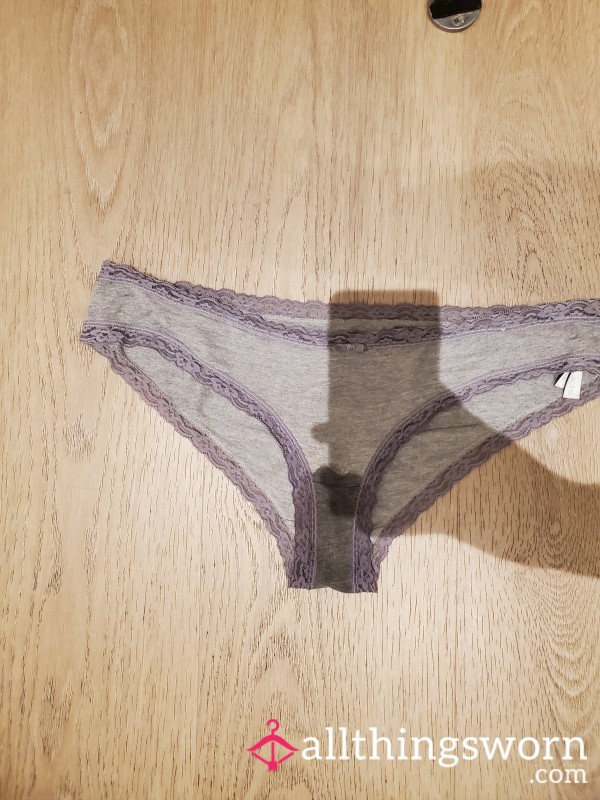 Worn Soaked Grey Panties With A Lace Trim