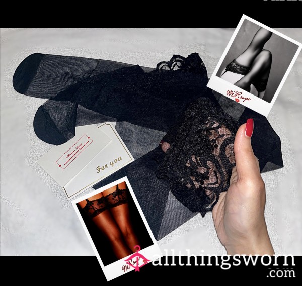 Worn Soft Black Lace Trim Stockings