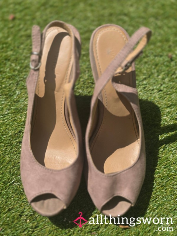 Worn Taupe Suede Slingback Wedges