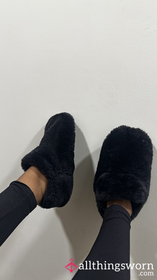 Worn Uni House Slippers - Black Furry Coziness With A Naughty Twist 💋😌