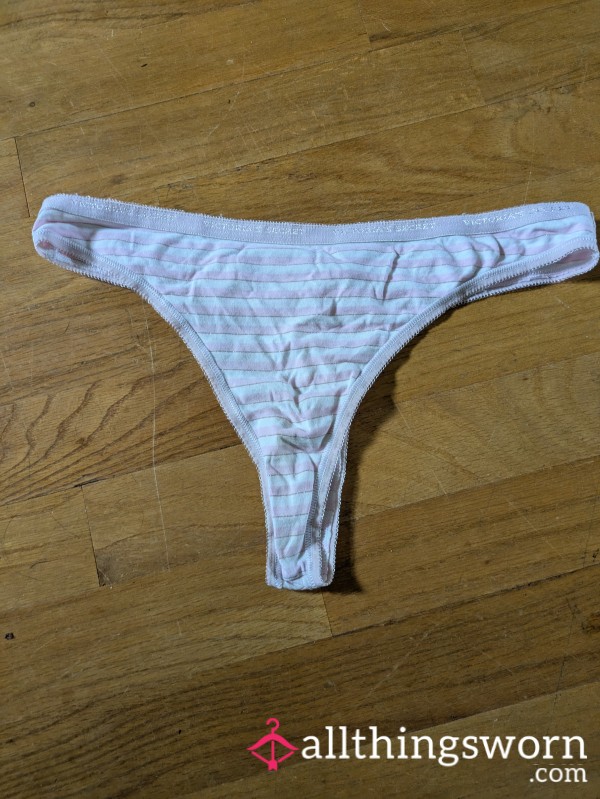 Worn Victoria's Secret Light Pink Stripe Thong.